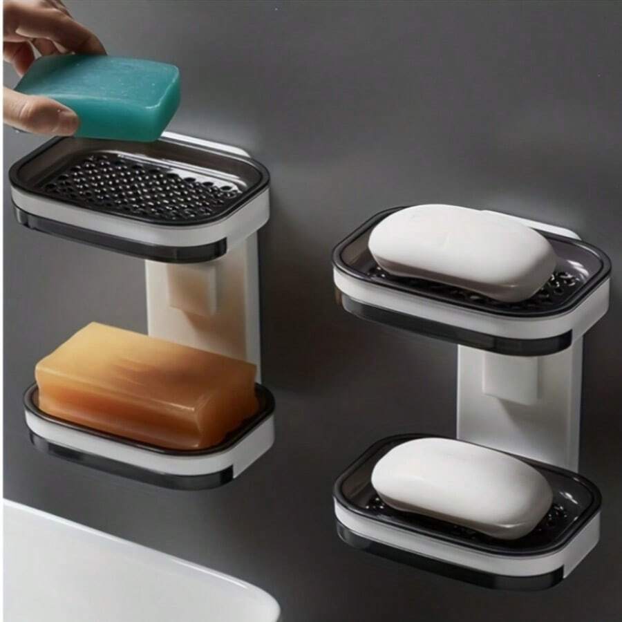 Self-Draining Double Layer Wall Mounted Soap Dish - No Drilling, Square Plastic Soap Holder, Bathroom & Shower Storage Organizer - Multicolor - View 1