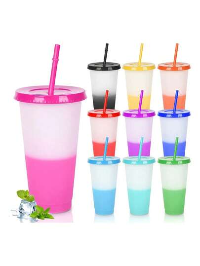 10 Vasos Magicos Color Reutilizable 710ml Copa+tapa Y Popote