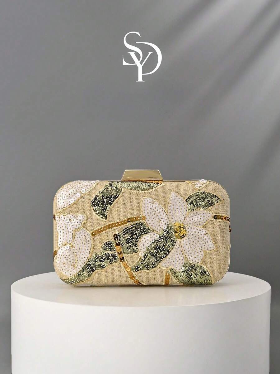 1个时尚花卉图案女士手提包，复古闪亮亮片刺绣花朵链条晚宴包，适合派对女孩、新娘、新婚夫妇和上班族，适用于派对、婚礼等场合，迷你盒包（图案随机） - 金色 - 查看 1