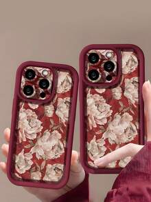 1个时尚红底白花复古简约图案美学TPU纯色防震软壳，高端质感，适合作为生日、节日礼物送给朋友、家人、情侣，兼容苹果和其他手机，国际版，非国内版 - 彩色 - 查看 1
