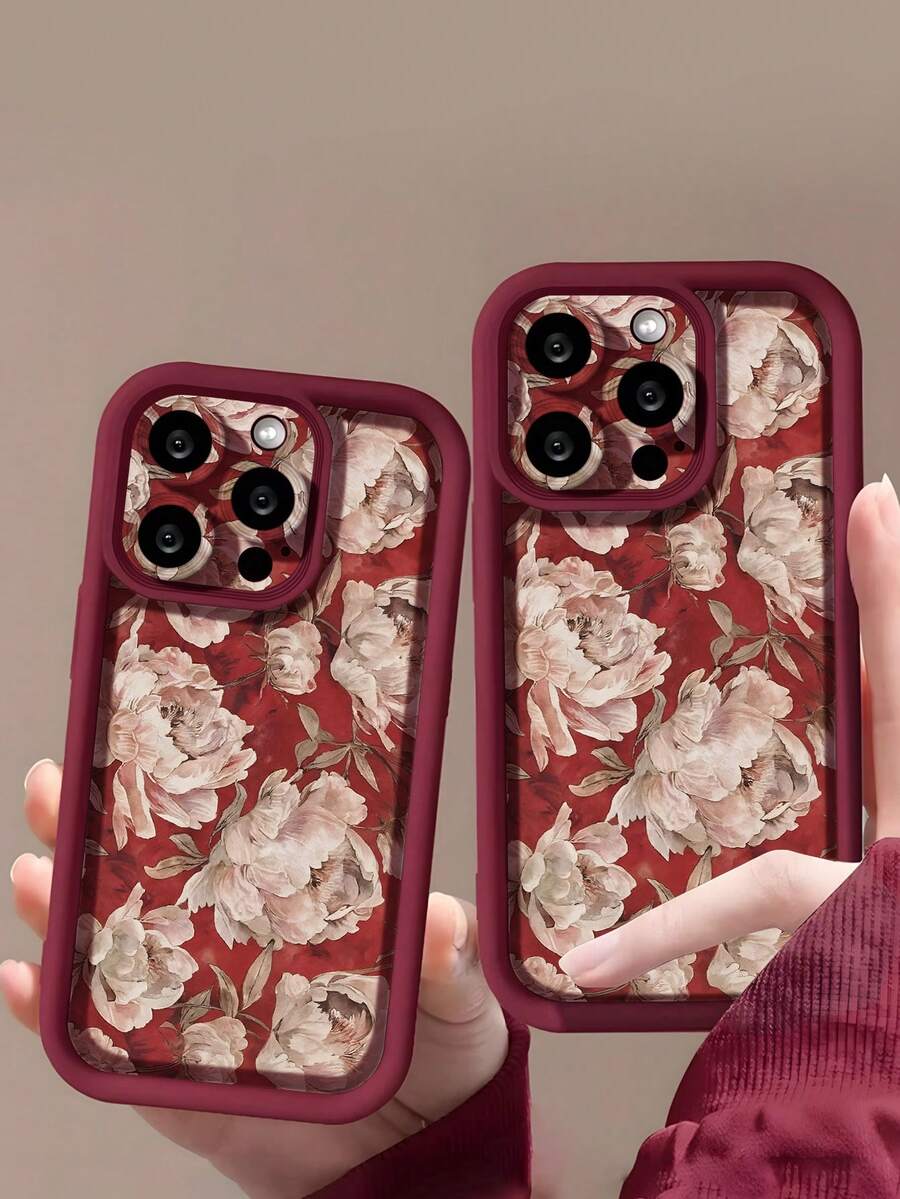 1个时尚红底白花复古简约图案美学TPU纯色防震软壳，高端质感，适合作为生日、节日礼物送给朋友、家人、情侣，兼容苹果和其他手机，国际版，非国内版 - 彩色 - 查看 1