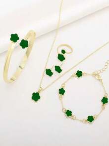 Bộ trang sức trang trí hoa may mắn 6 món cho nữ, 1 đôi hoa tai, 1 vòng cổ, 1 vòng tay, 1 vòng tay dạng vòng tay, 1 nhẫn, thích hợp để đeo hàng ngày - Nhiều màu - Xem 13