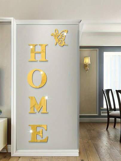 5件套3D亚克力“HOME”字母和蝴蝶墙贴，适用于家居、卧室、客厅、墙面装饰