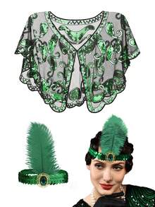 Forever & Moment 1920年代女士盖茨比风格服装配饰套装（2件套），包括亮片头饰、流苏披肩，适合20年代复古派对、盛大晚宴、舞蹈表演、化装舞会、咆哮的二十年代主题装扮等场合。 - 彩色 - 查看 14