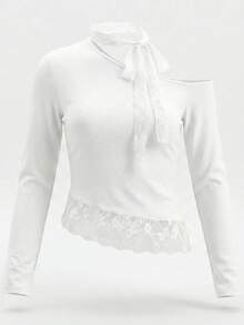 美式性感辣妹蕾丝斜肩长袖T恤，修身打底衫，春秋季白色 - 白色 - 查看 8