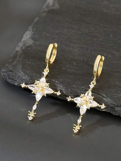1 Pair Elegant Fashion Copper Zirconia Star Cross Pendant Earrings, Personalized Earrings For Women, Party & Date Gift