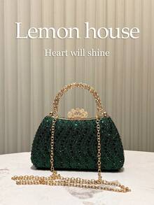 1pc Solid Color Luxury Rhinestone Glitter Handbag, Fashionable And Elegant Clutch Purse Suitable For Evening Dress, Formal Occasions, Weddings, Parties, Ideal Gift For Women - Dark Green - View 3
