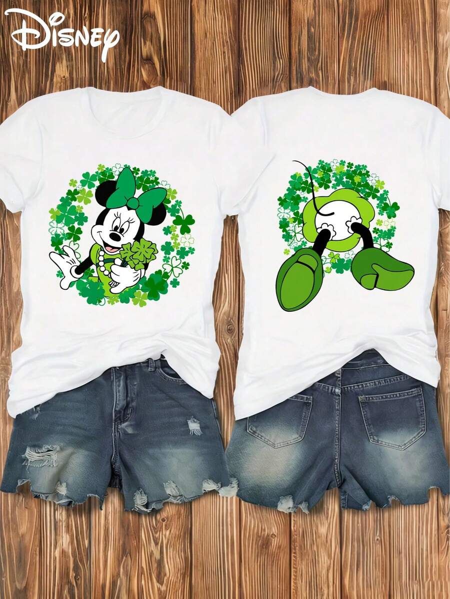 Disney Women's Minnie Mouse St. Patrick's Day Front & Back Cartoon Pattern Short-Sleeved T-Shirt - Amusement Park Theme Round-Neck Top, Soft Cotton Breathable Fabric, Summer Casual Vacation Style, Fun Design, Suitable For Parade & Amusement Scene Enthusiasts, Breathable And Comfortable - 白色 - 查看 1