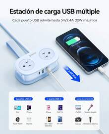 Regleta Multicontacto de Viaje Compacta, 4 Tomas con 3 Puertos USB Incluyendo 1 Tipo C, Cable Extensor de 1.6m, Diseño Pequeño Ligero, Ideal para Viajes, Hotel y Cruceros, Protección Segura Color Morado - Ver 9