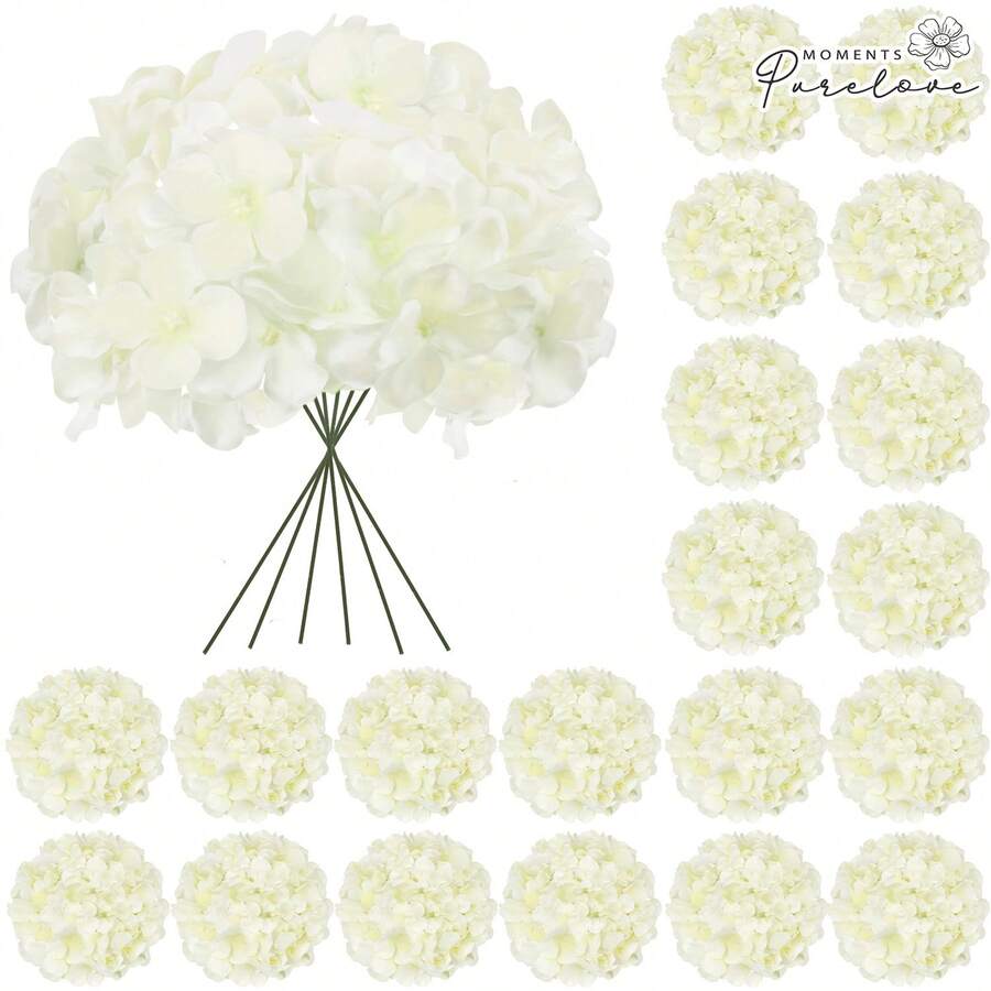 48/60pcs Creamy Ivory Artificial Hydrangea Flowers With Stems, Silk Faux Hydrangea Heads For Bridal Shower & Handmade Bouquets - Ivory - View 1