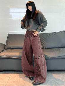 1pc Japanese Street Style Women's Patchwork Printed Curved Leg Loose Wide Leg Jeans Comfortable All Season Long Pants (This Product Does Not Include Belt/Accessories) - Red - View 10
