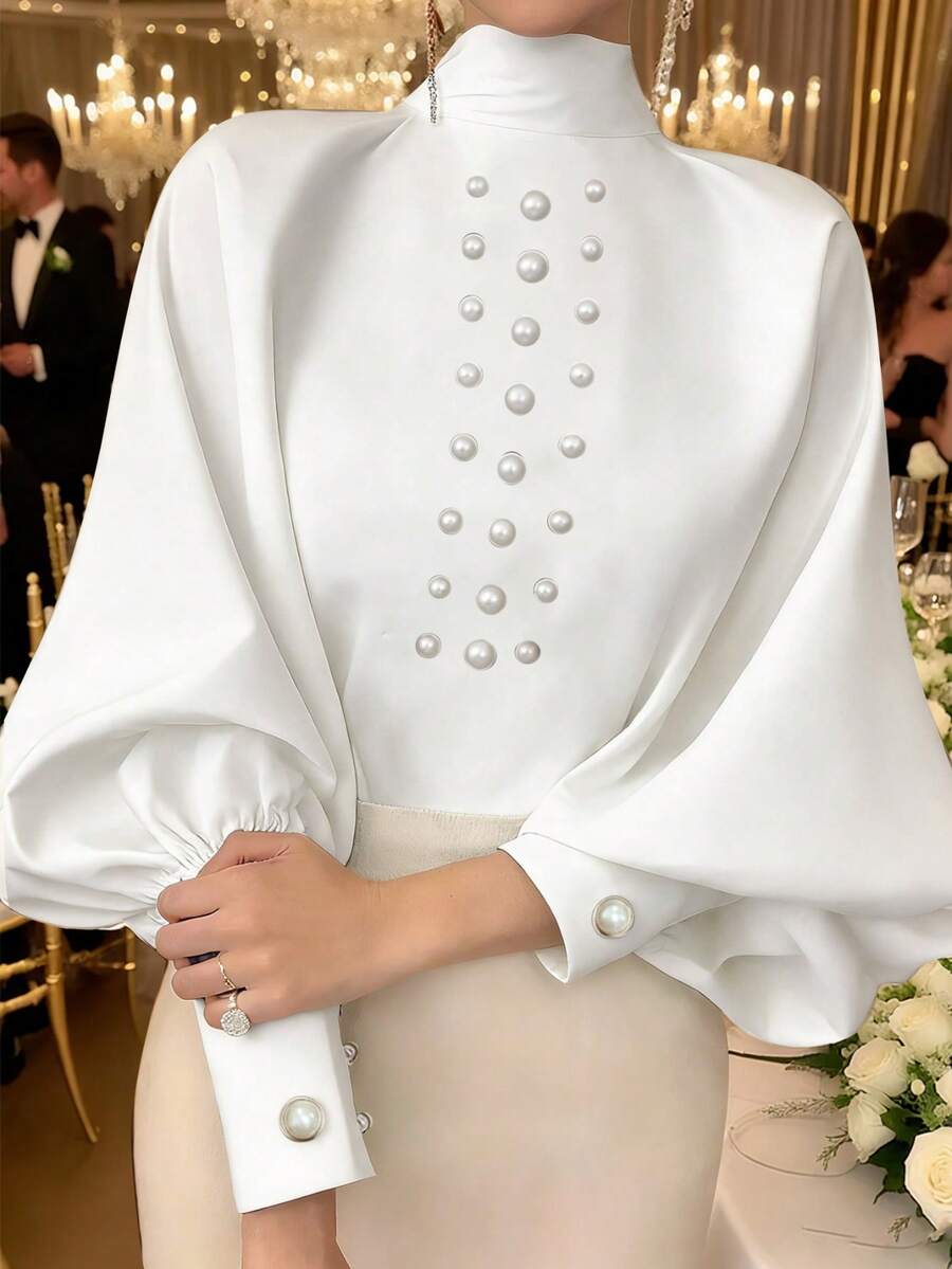 Women's Elegant Pearl Decor Lantern Sleeve Blouse, Fashionable Loose Tie Waist Design, Suitable For Party, Office Wear - White - View 1
