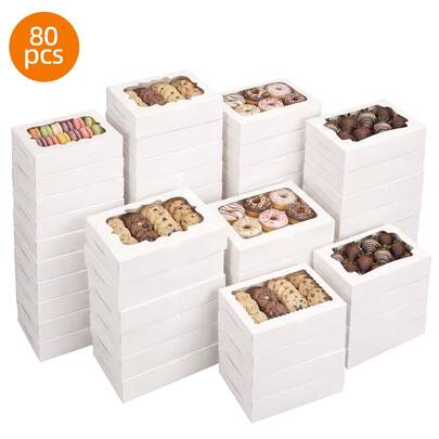 Tomnk 80pcs Cookie Boxes With 4 Style Window, 12x8x2.5 Inches, Bakery Boxes, Large White Treat Containers For Chocolate Strawberries, Cakes, Donuts, Muffins And Pastries, For Mother's Day