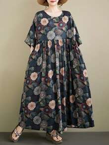 Summer 2026 Striped Dress, Women's Bohemian Casual Beach Vacation Dress. This Loose-Fitting A-Line Dress Features A Round Neck And Batwing Sleeves. - 海軍藍 4 - 查看 5