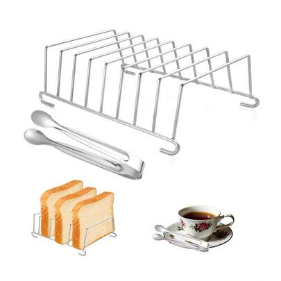 Stainless Steel Toast Rack + Food Tongs, Material For Direct Food Contact, Non-Stick And Heat-Resistant Baking Tool For Toasts, Pastries, Improving Breakfast Preparation Experience