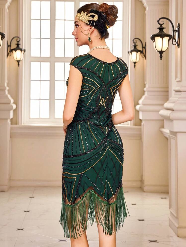 复古 1920 年代流苏连衣裙，饰有串珠亮片流苏，盖茨比风格，适合鸡尾酒会、婚礼等场合，深绿色，春季穿着。 - 墨綠色 - 查看 3