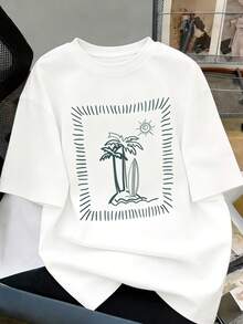 MOOSGOP Summer Top-Beach & Vacation Boho Style / Casual / Versatile / Comfortable / Loungewear-Coconut Tree & Surfboard Sun Print / Watermark Design-Loose-Fit Round-Neck Drop-Shoulder Short-Sleeve T-Shirt-Women's Beachwear White - White - View 6