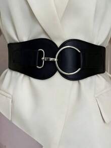 1pc Women's Black Minimalist Basic Elastic Wide Waist Belt, Suitable For Halloween Party Or Daily Outfit Matching - Black - View 1