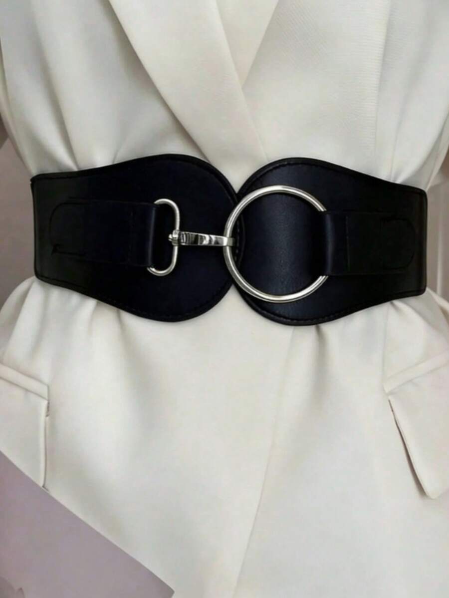 1pc Women's Black Minimalist Basic Elastic Wide Waist Belt, Suitable For Halloween Party Or Daily Outfit Matching - Black - View 1