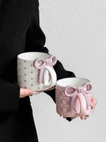 1pc 450ml Cute Bow Ceramic Mug, Unique Design High-Quality Girly Coffee Cup For Home Use - Multicolor - View 12