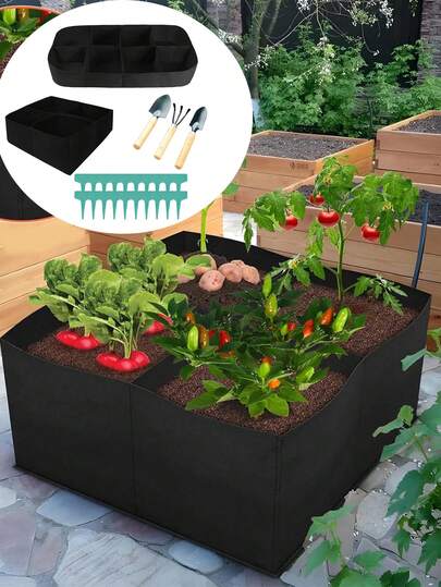 1 Set 2 Pcs Fabric Raised Garden Bed Divided Raised Vegetable Bed Grow Bags With 3 Pcs Garden Tools And 20 Pcs Plant Labels 4/8 Divided Grids Square Raised Garden Planter Grow Pot Garden Planting Bags For Outdoor Garden Carrot Onion Herb Flower Vegetable Plants