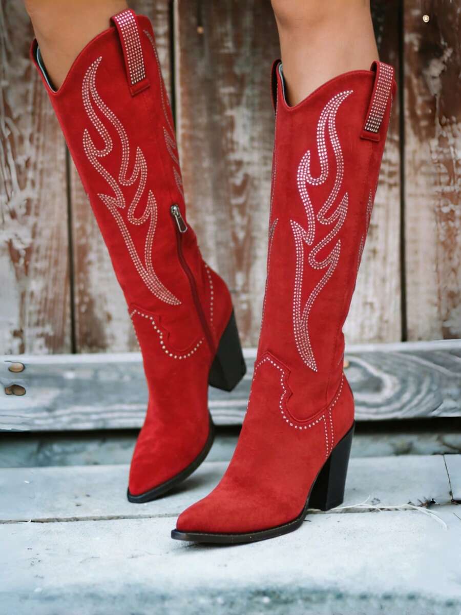 Knee High Cowboy Boots For Women Pointed Toe Chunky High Heels Pull-On Embroidered Boots Western Boots Wide Calf Cowgirl Boots - Màu đỏ C - Xem 1