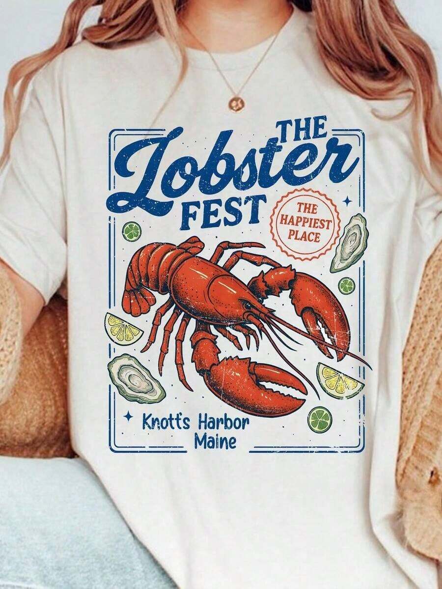 Tops2026Lobster Cowboy Shirt, Yee Claw Tee Funny Lobster Tshirt Western Beach Top Amalfi Coast Trip Tomato Girl Summer, Women's Oversized Casual Short-Sleeved Top, 100% Cotton All-Season Fashion Prints Loose T-Shirt, Ladies T-Shirt Gift For Friends And Family Holiday Parties, Vacation, Thanksgiving, Halloween, Valentine's Day Daily, Unisexgraphic Tees Women - 白色-1 - 查看 1