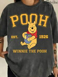 Disney Printed Wash Water T-Shirt,Classic Winnie The Pooh Holding A Honey Pot Pattern Print T-Shirt,Unisex,High-Quality Pure Cotton T-Shirt,Suitable For All Seasons, Comfortable And Breathable| Exquisite Design | The Best Choice For Giving Gifts - 黑色 - 查看 1