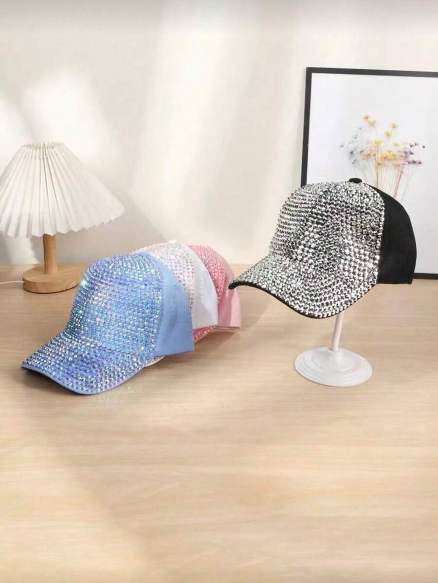1/2顶 Y2K 复古全镶钻男女通用棒球帽：街头服饰必备，适合学校、酒吧及各种场合 - 彩色 - 查看 1