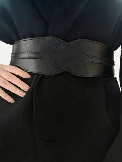 1pc Women's Black Minimalist Rhombus Decor Waist Belt, Suitable For Halloween Party Or Daily Outfit