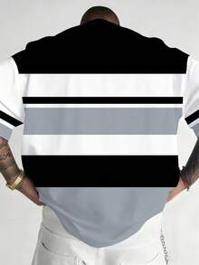 Plus Size Men's Casual Round Neck T-Shirt, Polyester Knit Fabric Comfortable & Breathable, Fashion Contrast Color Plaid Print, Casual Street Striped Plaid Contrast Color Patchwork Design Fresh Series, Creative Personalized Top - Grey - View 2
