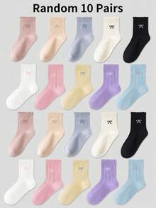 10 双女童混色荷叶边蝴蝶结及膝袜，适合幼儿、儿童、日常休闲，四季皆宜 - 彩色 - 查看 10