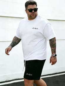 Plus Size Men's Simple Crew Neck Short Sleeve Top And Shorts Set, Casual Summer Outfit - Black and White - View 4