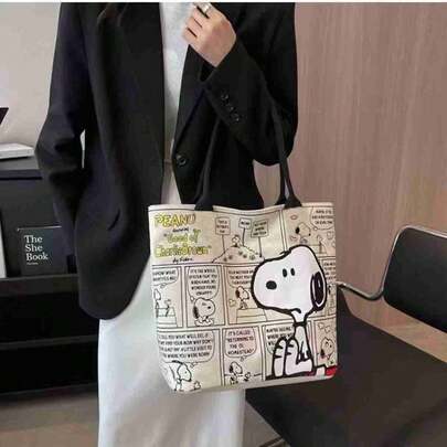 SNOOPY 1pc 2026 New Canvas Tote Bag, Classic Peanuts Cartoon Peripheral Product, Super Popular Back-To-School Item! Adopts Cartoon Style Printing, Cute And Clear Pattern, Korean Minimalist Design Versatile And Durable.