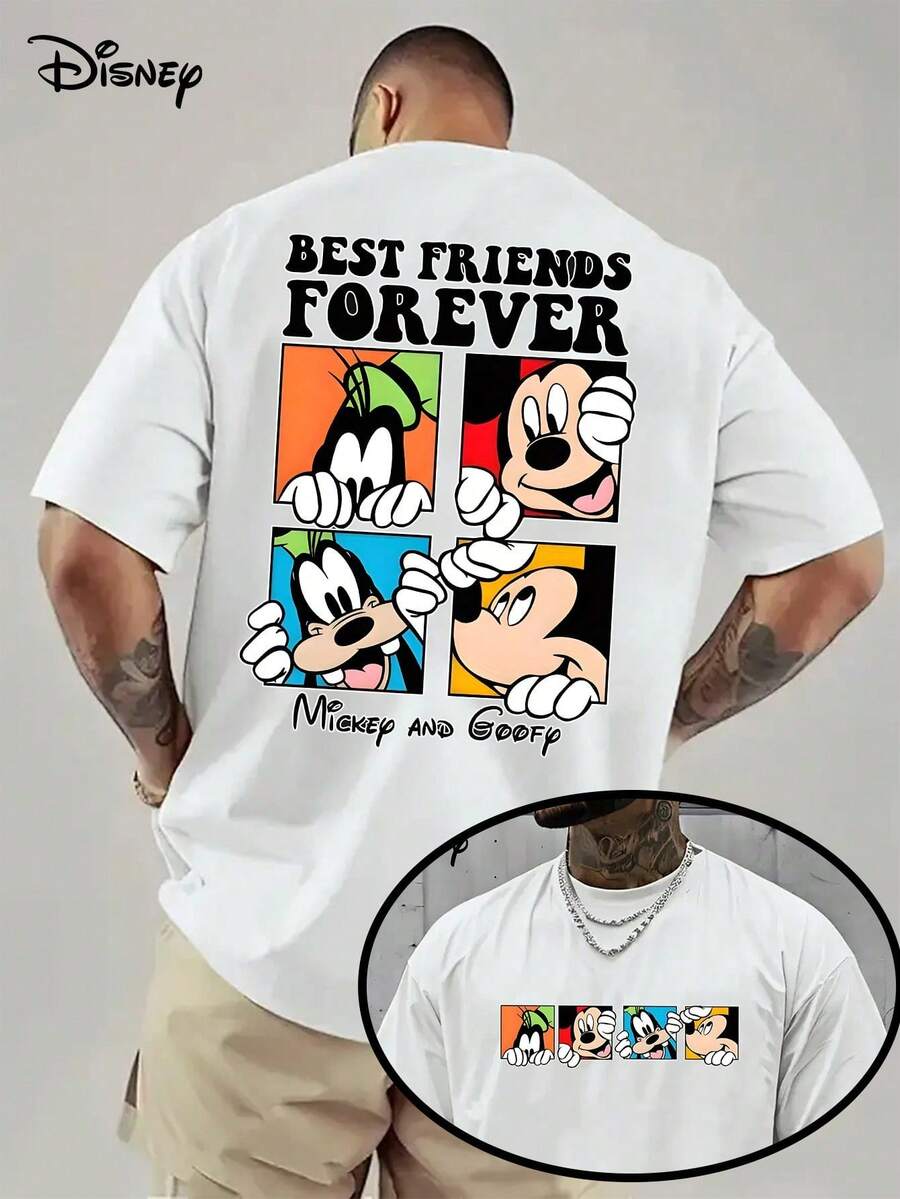 Disney Official Licensed Mickey & Goofy "Best Friends Forever" Double-Sided Graphic T Shirts 100 Percent Cotton Disney Shirt Washed 220g Unisex - 白色 - 查看 1