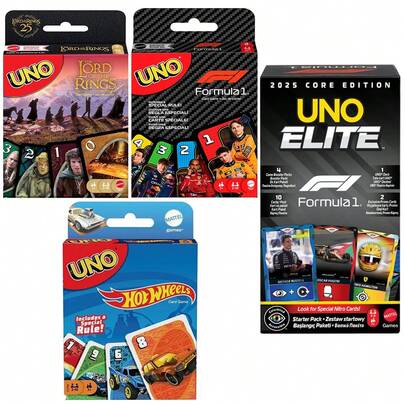 Mattel 美泰UNO F1卡牌游戏，适合儿童、家庭、旅行和露营，牌面印有F1赛车世界的图片。