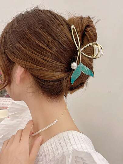 1pc Blue-Green Mermaid Tail Pearl Alloy Hair Clip, Fresh & Versatile Spring/Summer Accessory, Suitable For Any Occasion