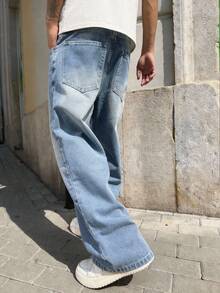 Men's Loose Straight Leg Faded Washed Denim Jeans, Casual Street Style, Suitable For All Seasons - Light Wash - View 5