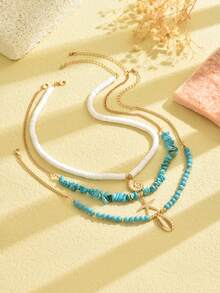 3件套软陶绿松石项链，配金属贝壳、海螺、海星吊坠，适合日常佩戴和海滩度假 - 彩色 - 查看 2