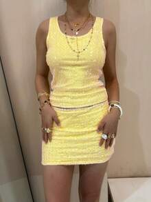 Women's Slim Sequin Two-Piece Outfit Sexy Sleeveless Y2K U-Neck Tankini Top And Mini Skirt For Club Party - 黃色 - 查看 5