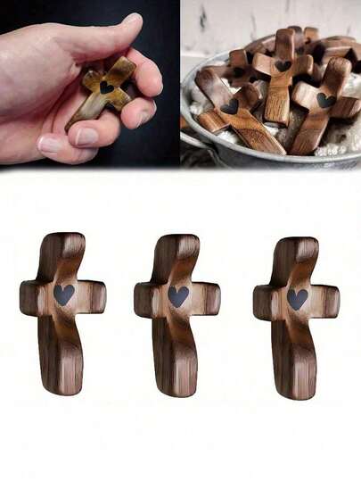 Wooden Heart-Shaped Cross, Inspirational Small Wooden Cross Gift, Handheld Pocket Cross, Religious Gift For Stress Relief, Church Gift, Easter Gift, God Be With You, Inspirational Gift, Multifunctional, Decorative, Reusable, Elegant, Fashionable, High-Quality, Colorful, Modern, Customized, Personalized, Unique, Custom Holiday Party Supplies