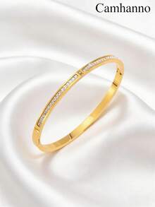 Camhanno 3/1pc Golden Jewelry Set, Chic And Graceful Stainless Steel Bangle, Suitable For Cozy Dating Moments, Lively Party Gatherings, Daily Urban Commuting, And Heartfelt Gifting, Boasting A Durable Polished Metal Finish That Combines Practicality With Artistic Design - Gold - View 7