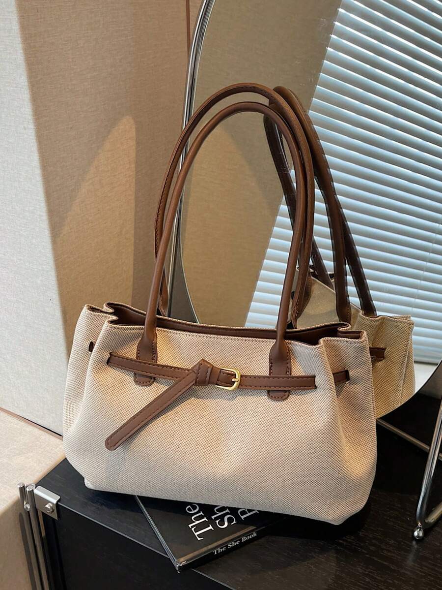 女士时尚大容量编织帆布搭扣单肩手提包