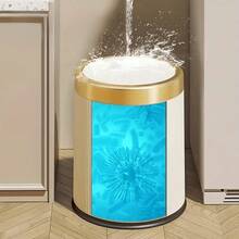 A Portable Trash Can With A Push-Button Opening Design, Suitable For Bedrooms And Kitchens. It Features White And Gold Decorations. A Compact And Space-Saving Trash Basket. A Kitchen Trash Can. A Stylish Plastic Container. A Practical Design. - 垃圾桶 - 查看 6