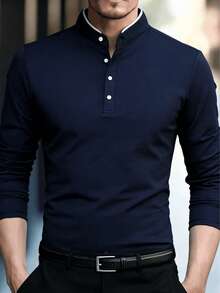 Men's Casual Long-Sleeved Polo Shirts, Mandarin Collar, Slim Fit, Fashionable Cotton T-Shirts - 藏蓝色 - 查看 2