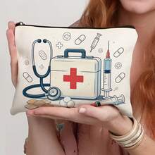 1pc Travel-Friendly Medical Print Makeup Bag | Stylish Canvas Cosmetic Pouch With First Aid Kit Designs | Durable, Water-Resistant, And Spacious Organizer For On-The-Go Essentials | Perfect Nurse Gift & Travel Companion - Multicolor - View 12