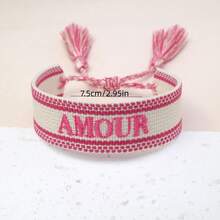 1条手工刺绣法式“AMOUR”创意编织复古风格手链，适合情侣佩戴，节日礼物，祝福手环 - 玫紅色 - 查看 5
