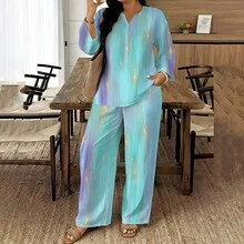1 Set Retro Woven Small V-Neck Long-Sleeve Wide-Leg Pants Women's Plus Size Set For Summer Home & Birthday Gift, With Cyan-Blue-Purple Gradient Gold Line Splash - 彩色 - 查看 4