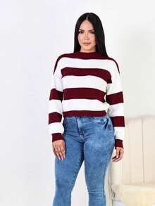 Suéter Feminino Tricô Listrado Gola Alta Trico Blusa De Frio - Vinho - Visão 1