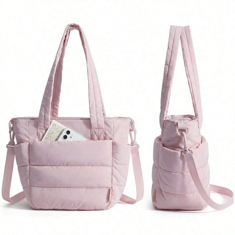 Lunch Bag Women Small Insulated Tote With Lunch Compartment Quilted Lightweight Puffy Tote Bag For Work, Travel, Outdoor, Pink - 查看 1